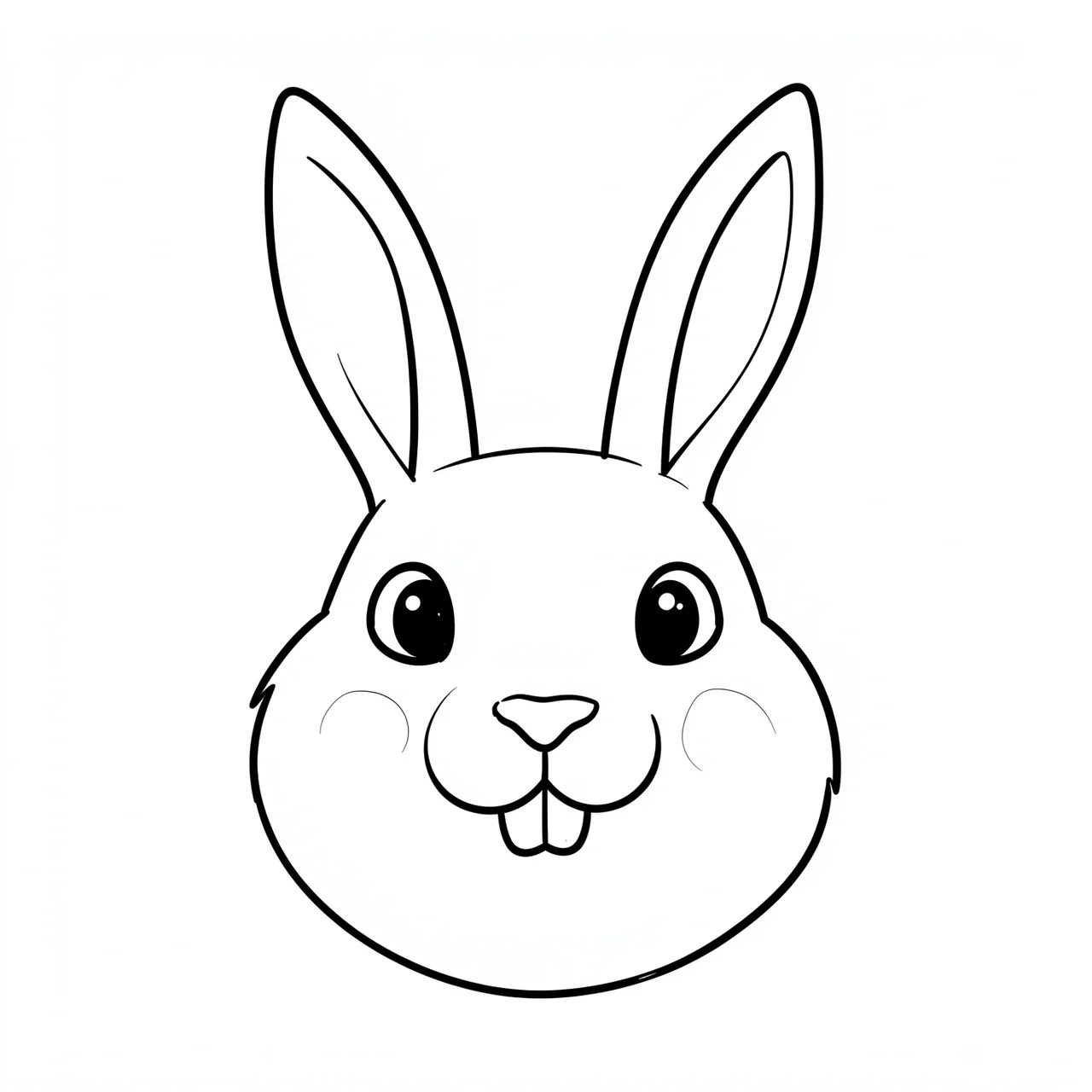 Minimal black line drawing of a bunny face with tall ears, round cheeks and buck teeth on a white background