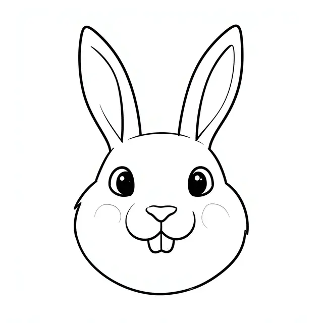 Minimal black line drawing of a bunny face with tall ears, round cheeks and buck teeth on a white background