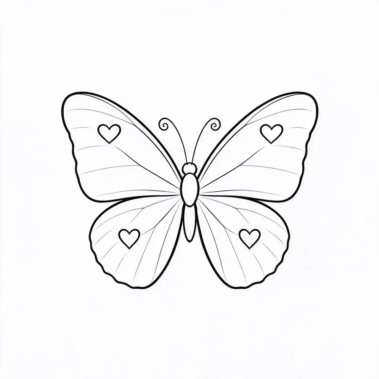 Minimal black line art of an open-winged butterfly with heart spots and curled antennae on a white background