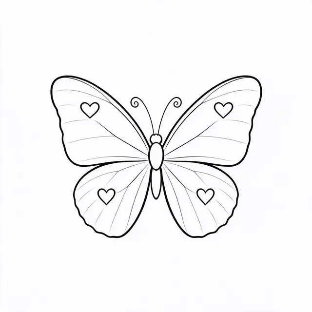Minimal black line art of an open-winged butterfly with heart spots and curled antennae on a white background