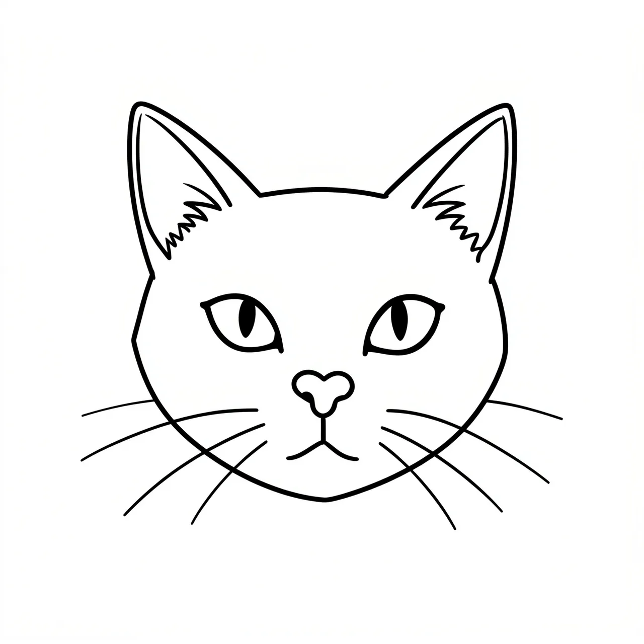 Minimal black line art of a cat face with pointed ears, heart nose, and whiskers on a white background