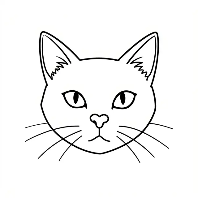 Minimal black line art of a cat face with pointed ears, heart nose, and whiskers on a white background