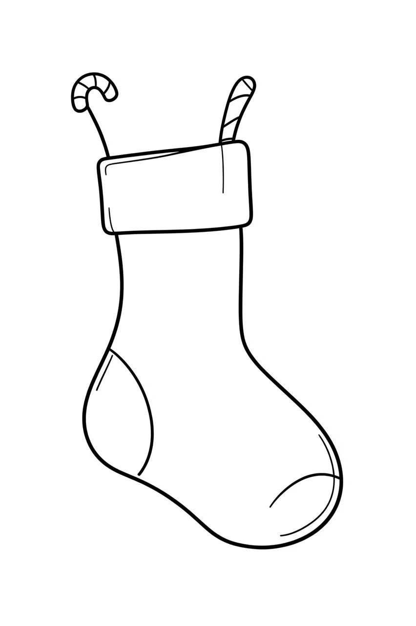 Minimal black line drawing of a Christmas stocking with a plain cuff and candy cane details on a white background