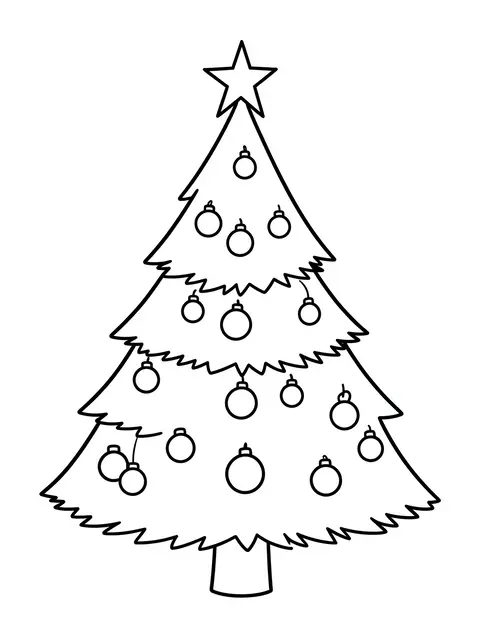 Three tier black line art Christmas tree with a top star and round baubles on a white background