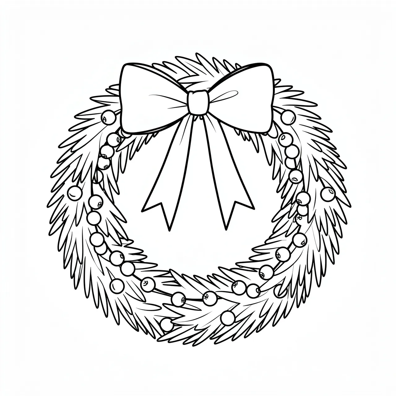 Clean black line drawing of a Christmas wreath with a large bow and round berries on a white background