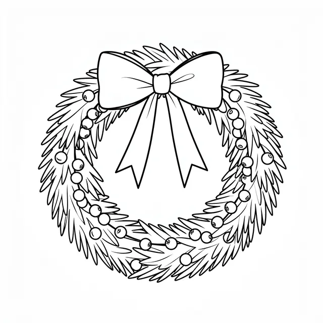 Clean black line drawing of a Christmas wreath with a large bow and round berries on a white background
