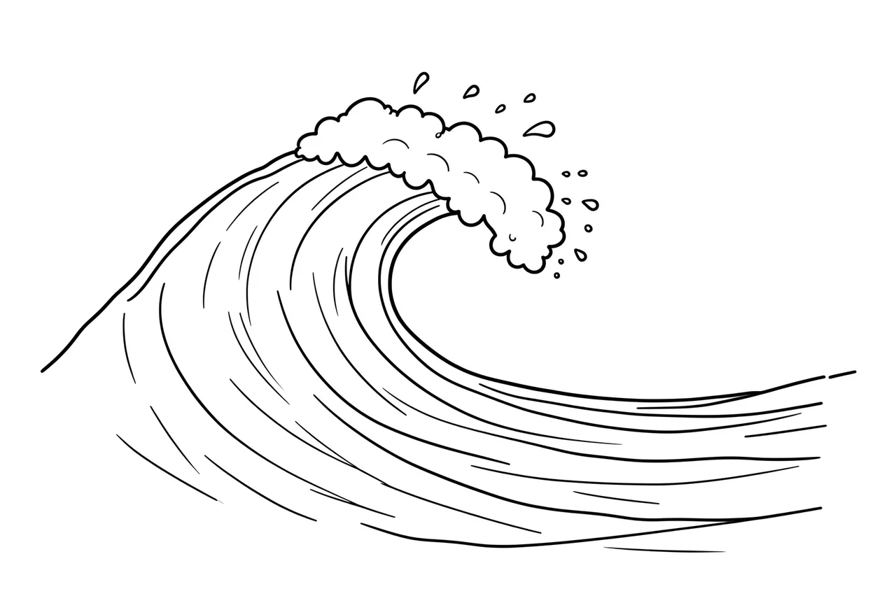 Minimal black line drawing of a curling ocean wave with foamy crest and spray on a white background