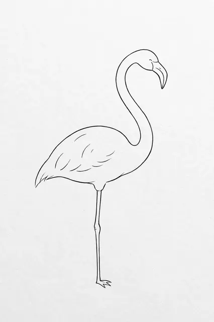 Minimal black line drawing of a standing flamingo with a curved neck on light paper