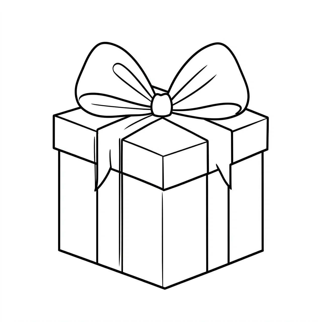 Clean black line art of a gift box with a large bow on a plain white background