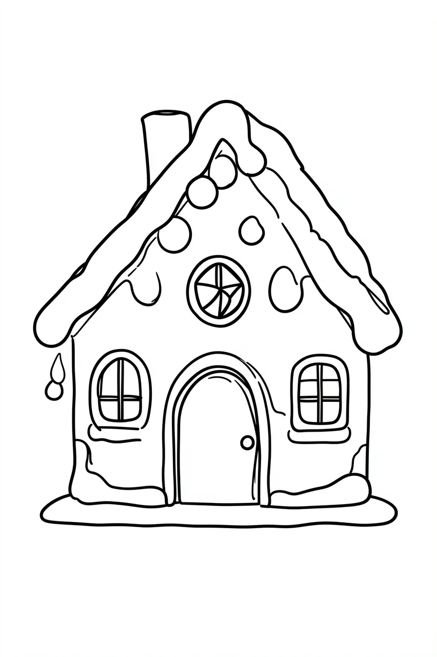 Minimal black line drawing of a decorated gingerbread house on a plain white background