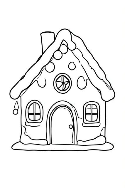 Minimal black line drawing of a decorated gingerbread house on a plain white background