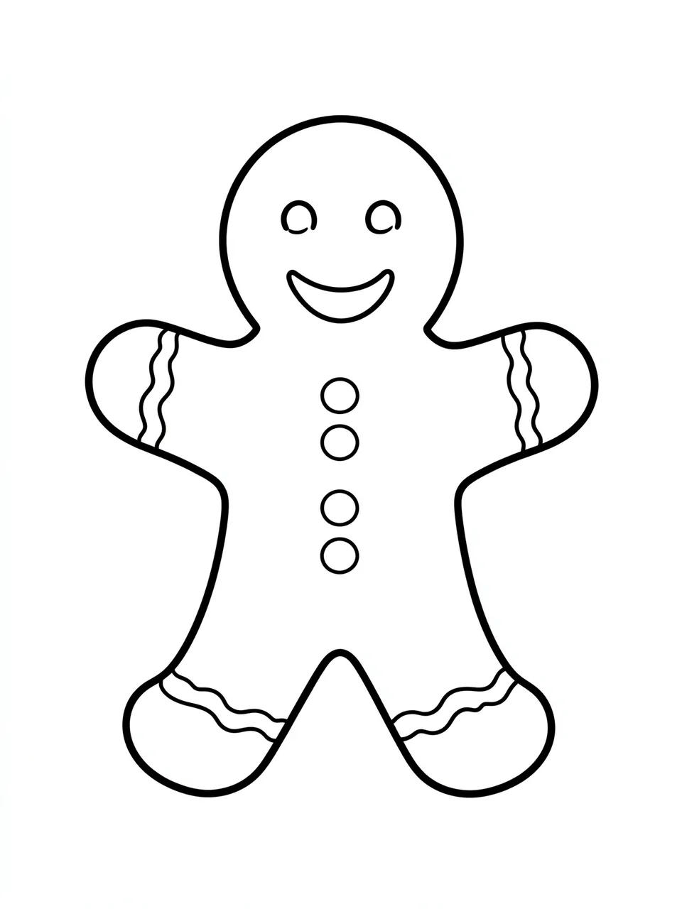 Clean black line drawing of a smiling gingerbread man on a plain white background