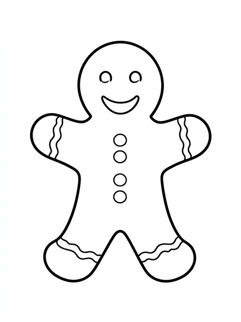 Clean black line drawing of a smiling gingerbread man on a plain white background