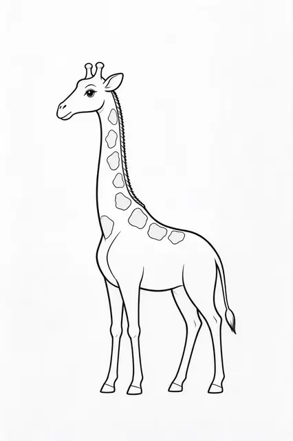 Clean black side view line drawing of a spotted giraffe on a plain white background