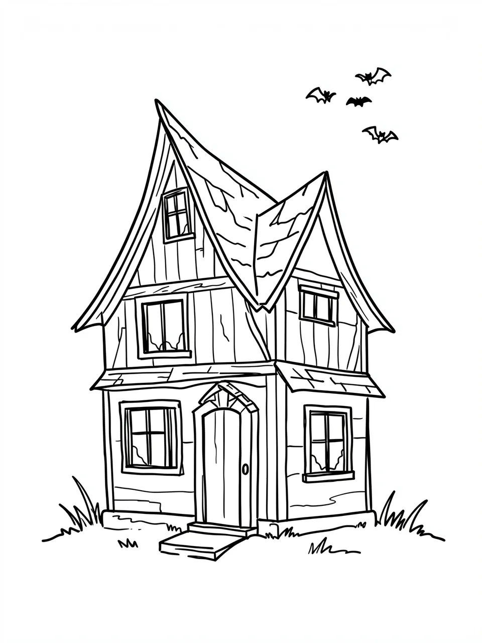 Black line art of a crooked haunted house with four bats flying above on a plain white background