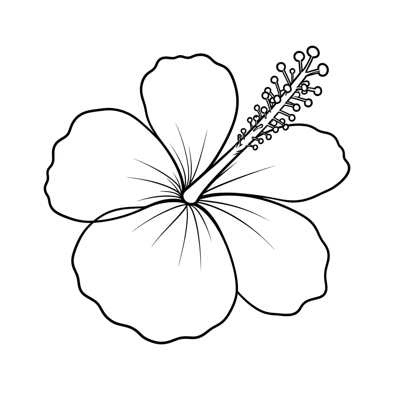 Clean black line art of a five-petal hibiscus flower with a long stamen on a white background