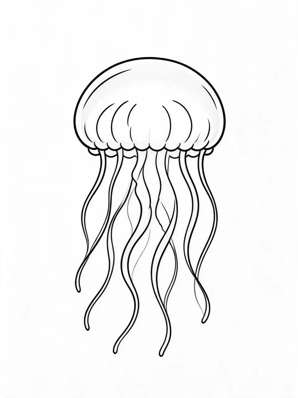 Minimal black line illustration of a jellyfish with a round bell and wavy tentacles on a plain white background