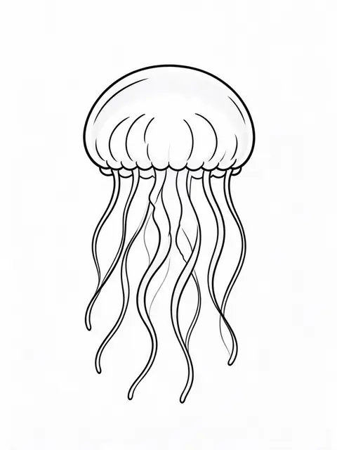 Minimal black line illustration of a jellyfish with a round bell and wavy tentacles on a plain white background