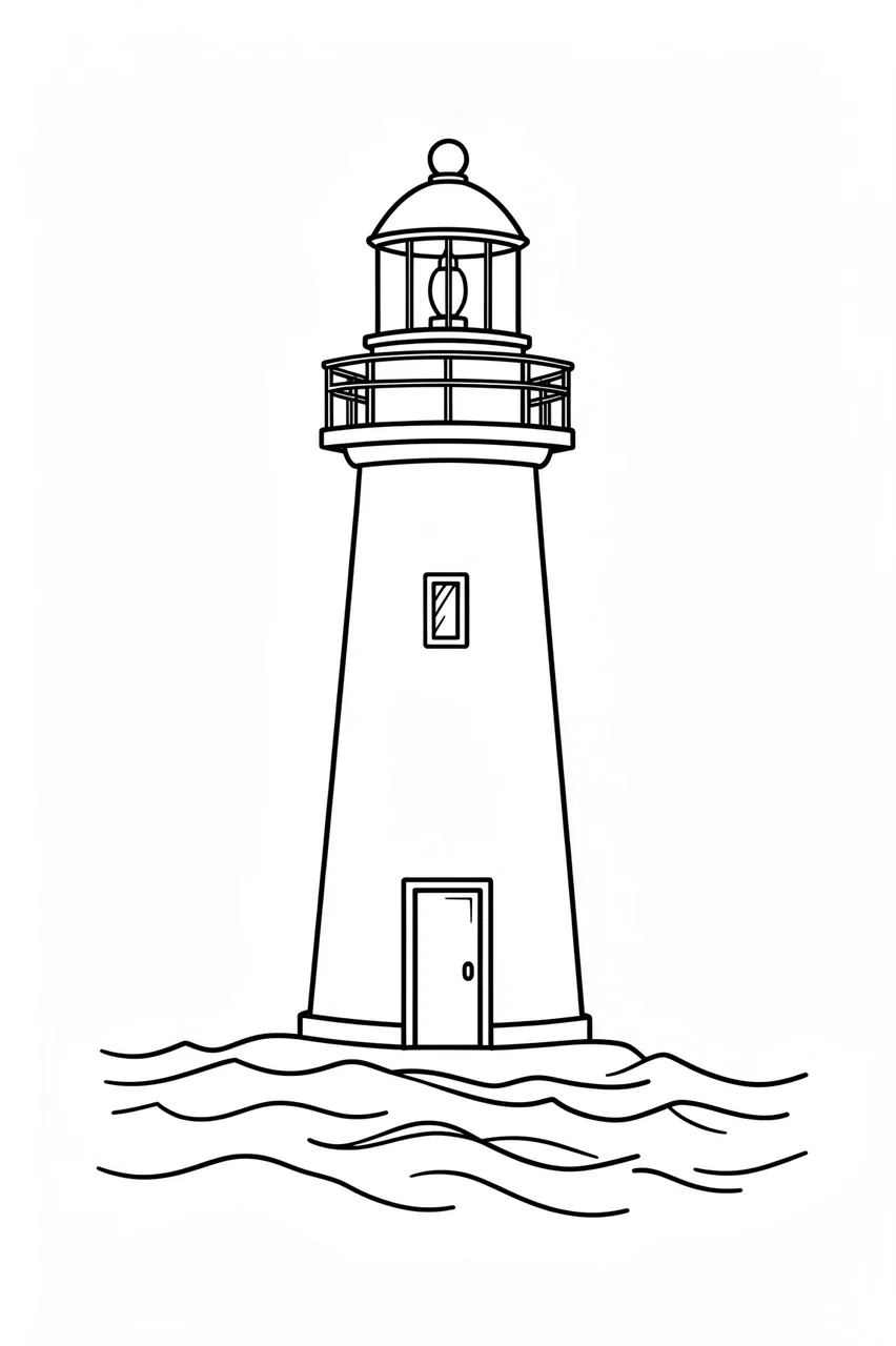 Clean black line drawing of a lighthouse with lamp room, door, and surrounding waves on a plain white background