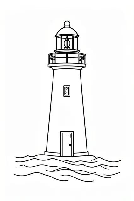 Clean black line drawing of a lighthouse with lamp room, door, and surrounding waves on a plain white background
