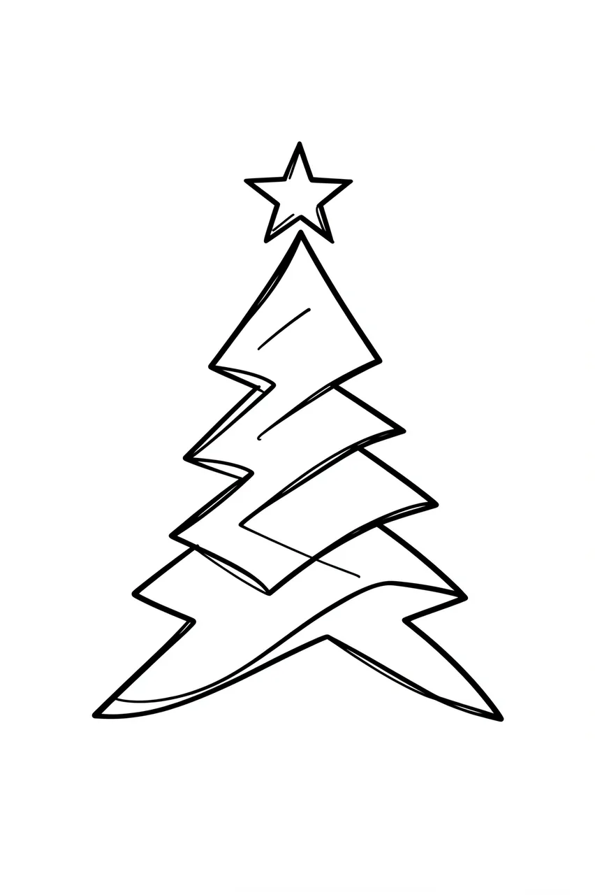 Minimal black hand-drawn line art of a zigzag Christmas tree topped with a star on a plain white background