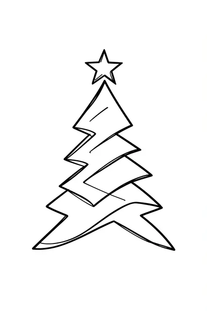 Minimal black hand-drawn line art of a zigzag Christmas tree topped with a star on a plain white background