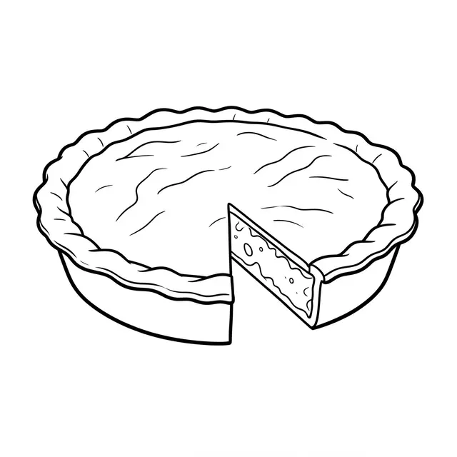 Black line drawing of a whole pie with one cut slice displayed on a plain white background