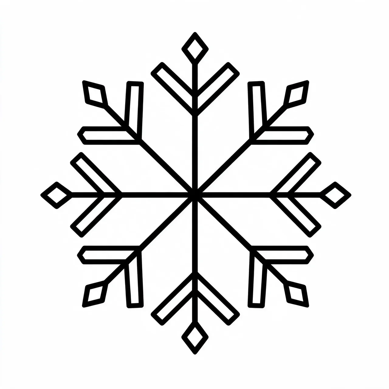 Minimal black line drawing of a symmetrical snowflake on a plain white background