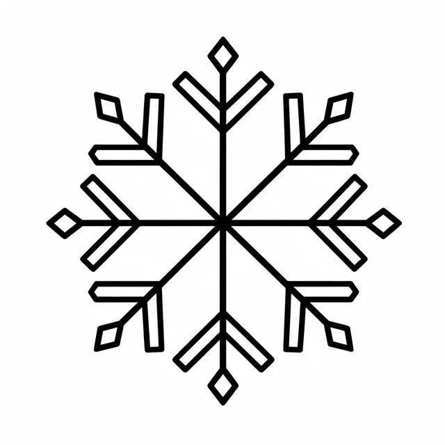 Minimal black line drawing of a symmetrical snowflake on a plain white background