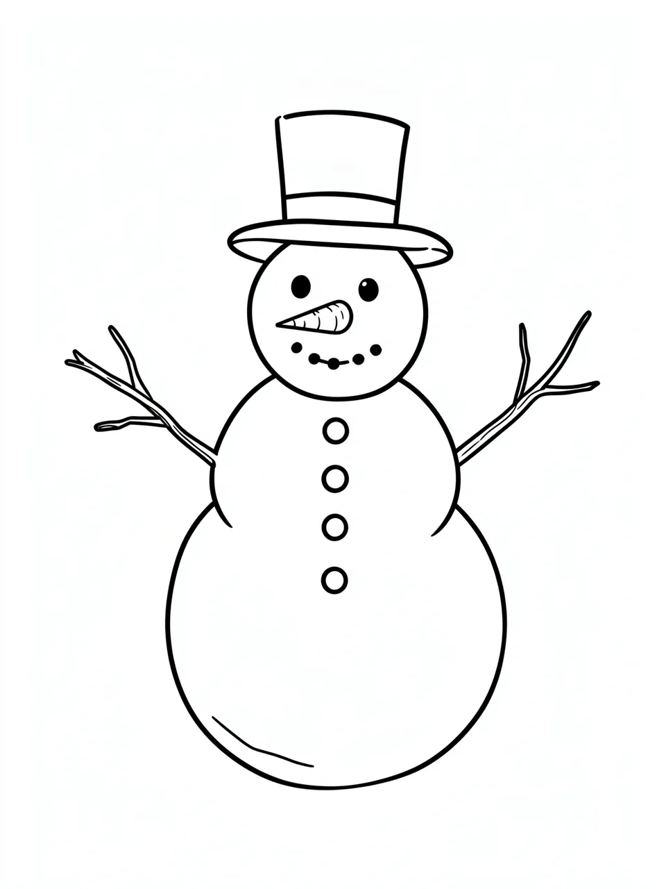 Clean black line drawing of a snowman with top hat, carrot nose and twig arms on a white background