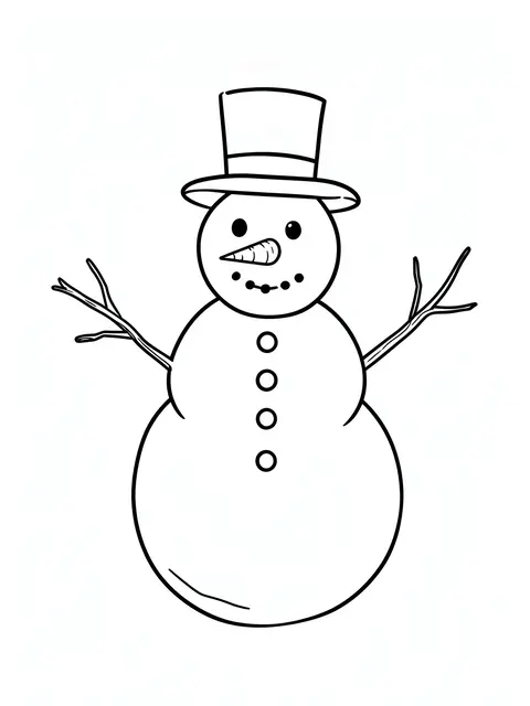 Clean black line drawing of a snowman with top hat, carrot nose and twig arms on a white background