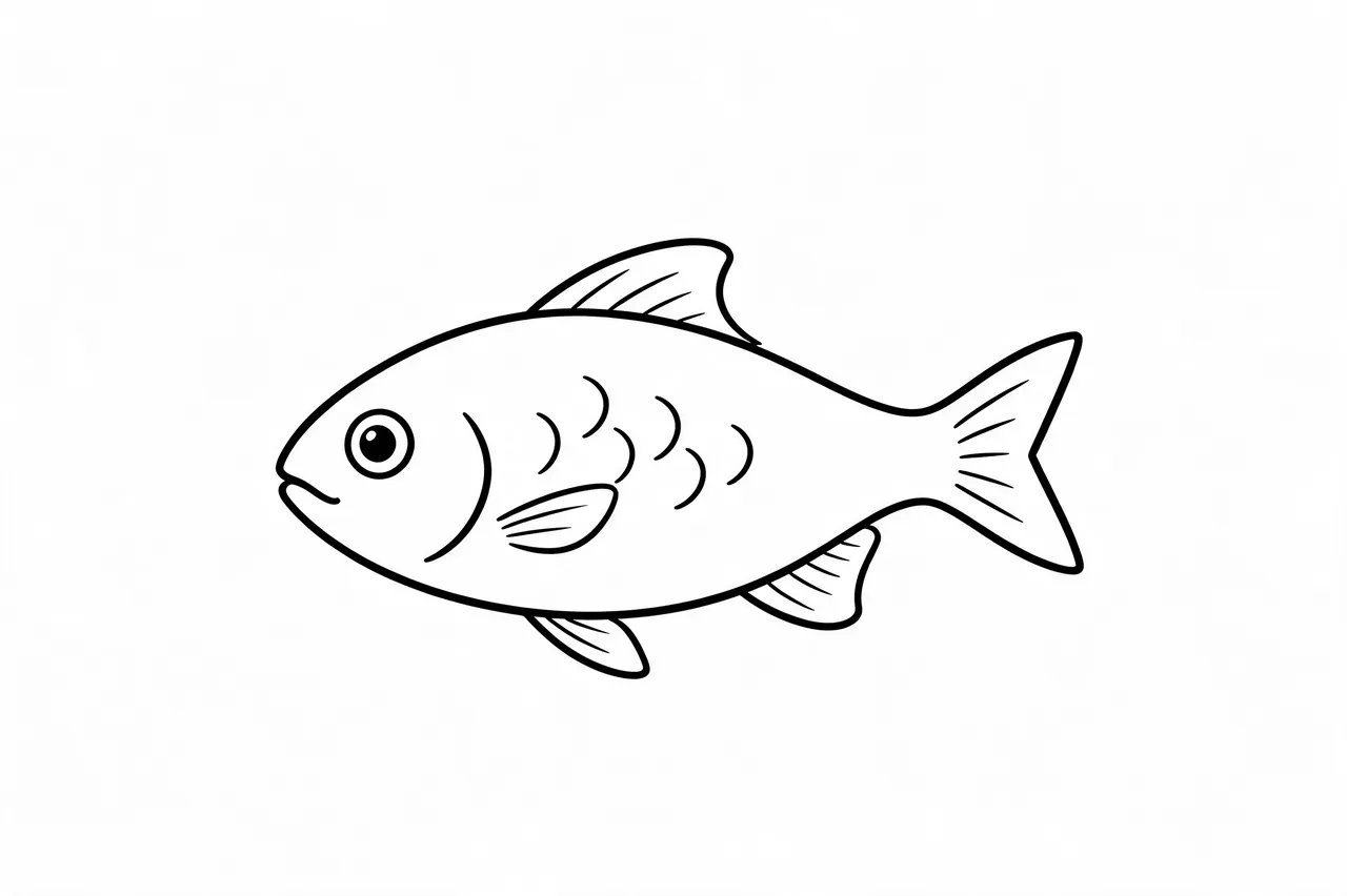 Minimal black line art of a fish on a plain white background