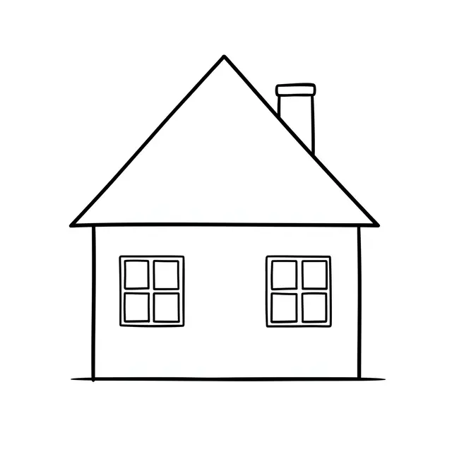 Minimal black line drawing of a house with triangular roof, chimney and two paned windows on a plain white background