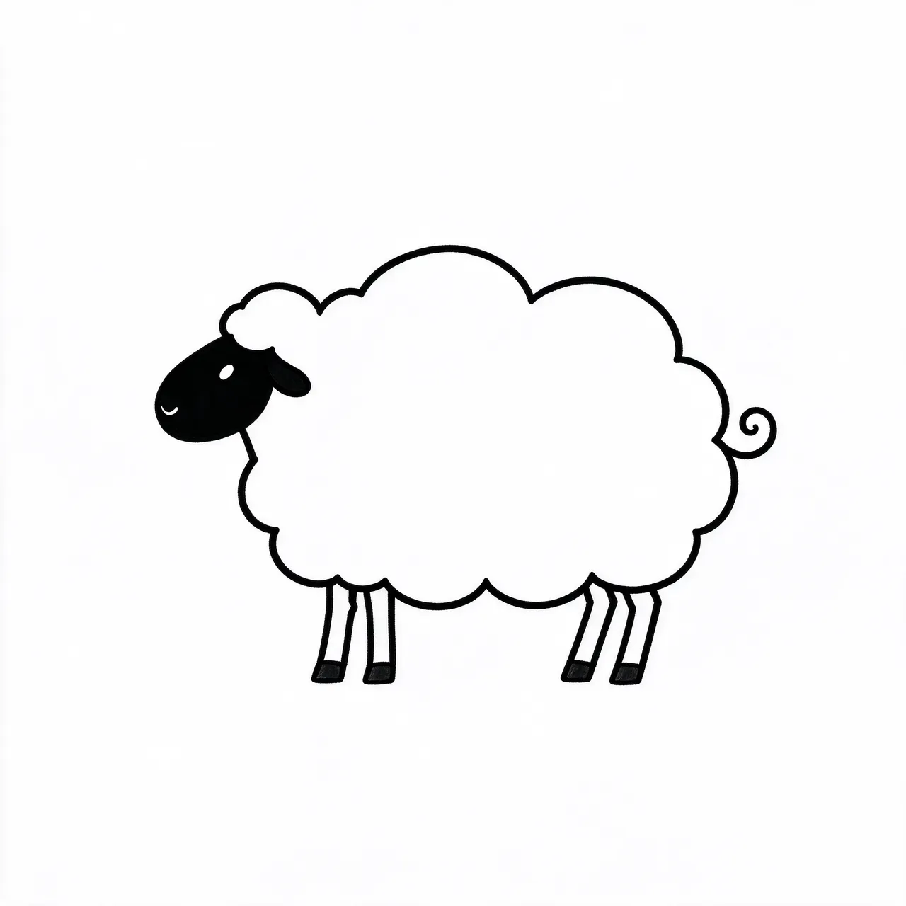 Minimal black line drawing of a cartoon sheep with a cloud-shaped wool body on a plain white background