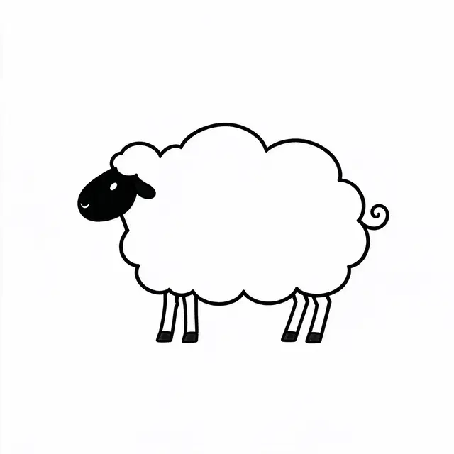 Minimal black line drawing of a cartoon sheep with a cloud-shaped wool body on a plain white background