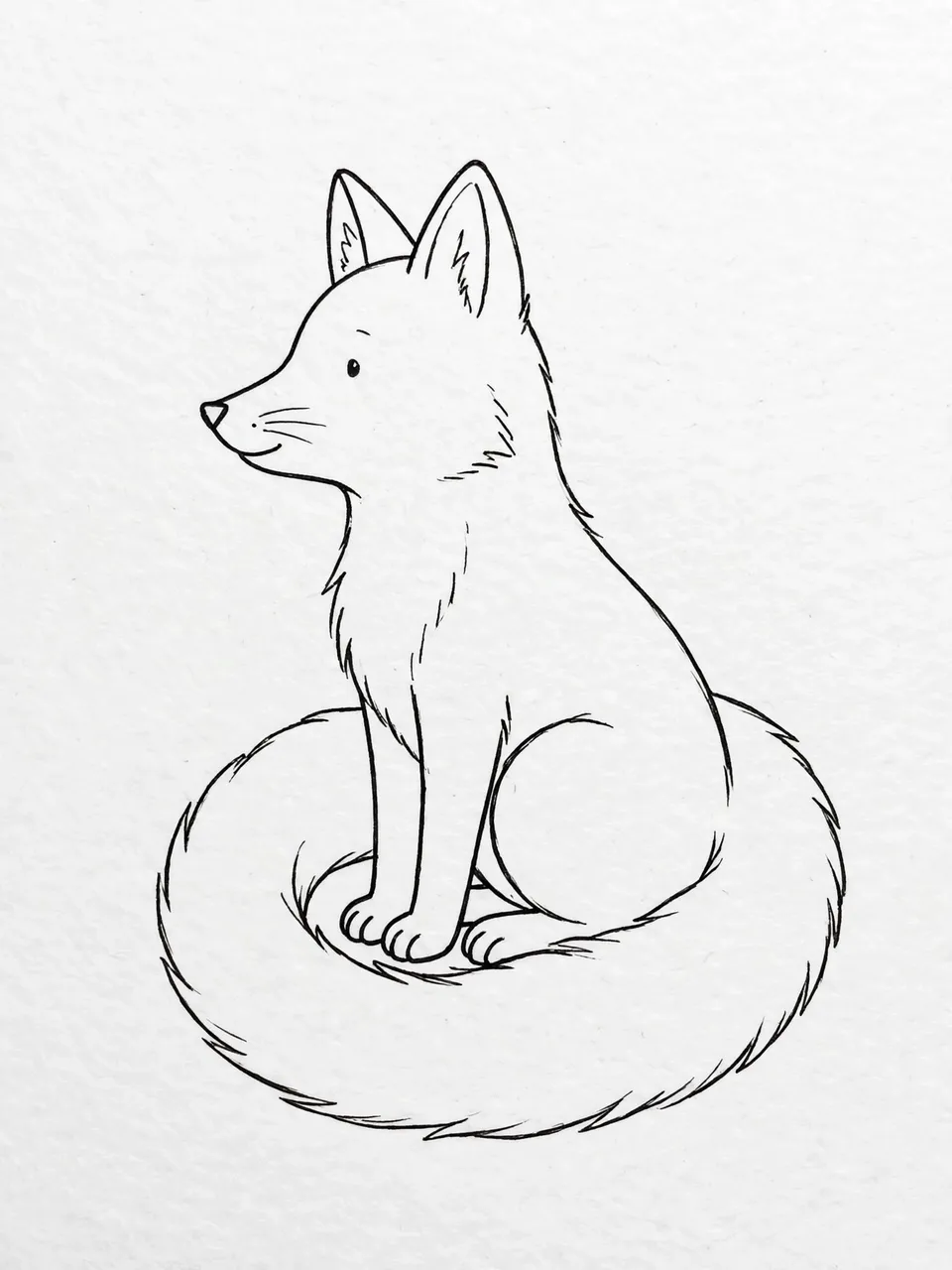 Minimal black line art of a sitting fox with its bushy tail curled around its feet on light textured paper