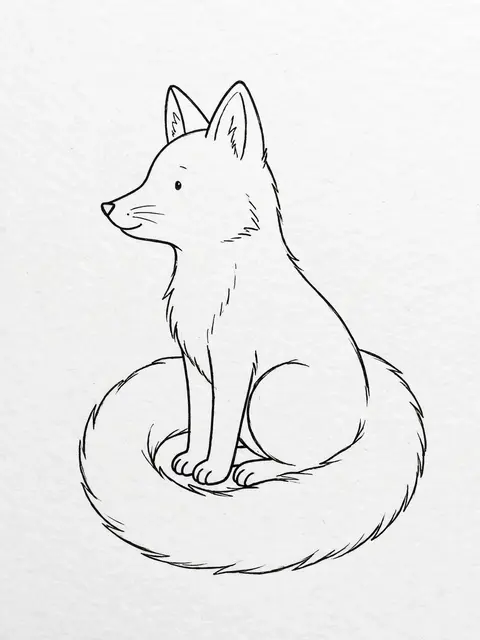 Minimal black line art of a sitting fox with its bushy tail curled around its feet on light textured paper