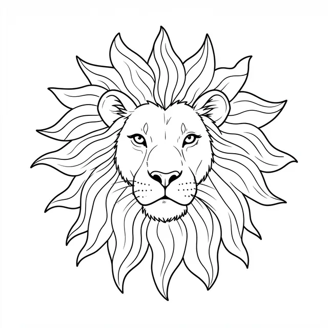 Clean black line drawing of a lion head with a wavy sunburst mane on a plain white background