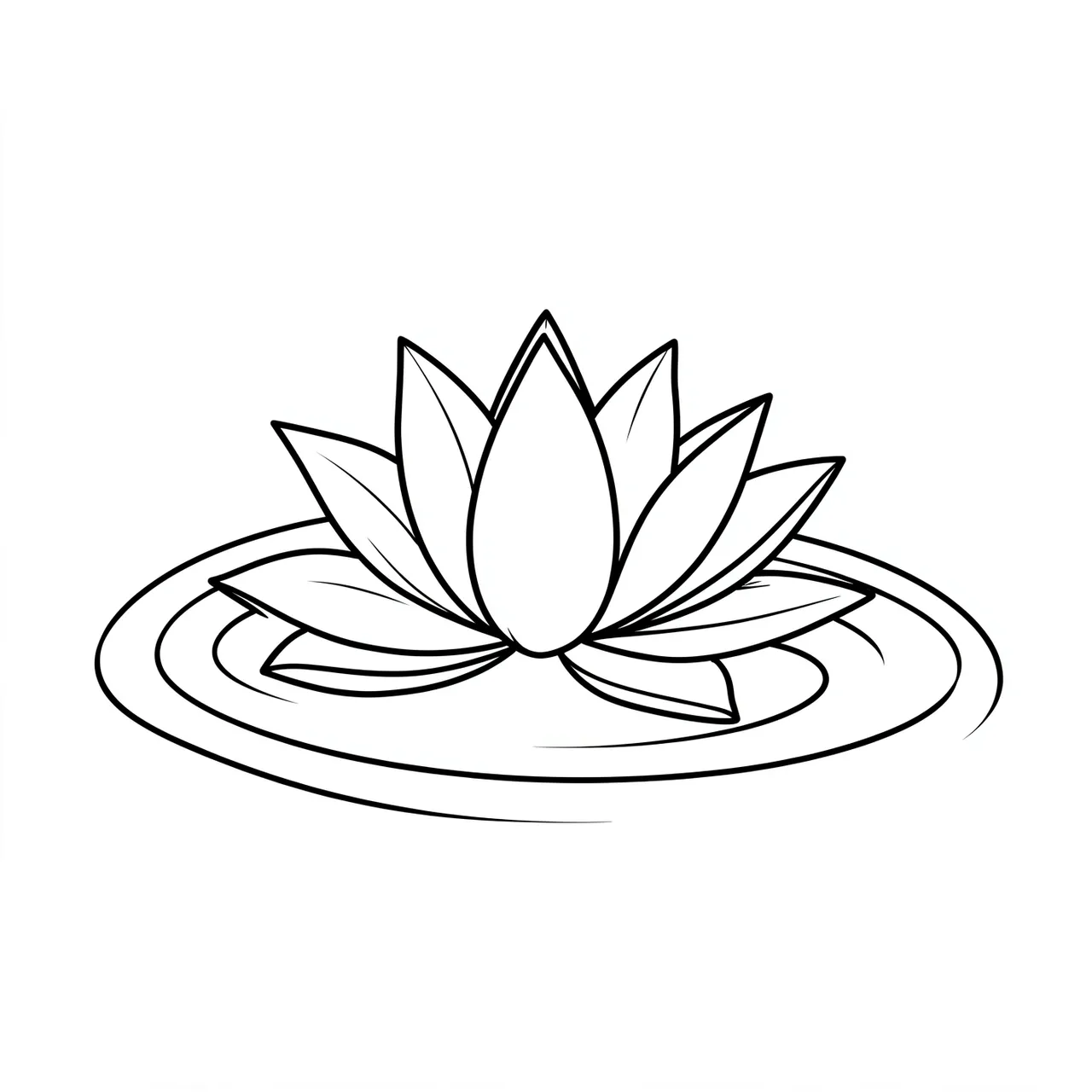 Clean black line drawing of a pointed-petal lotus flower floating on concentric water ripples on a white background