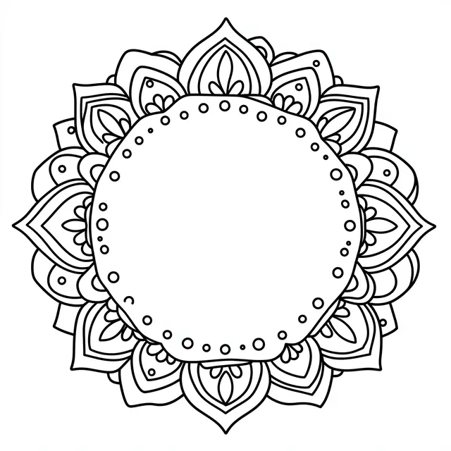 Black and white bold line art mandala with teardrop, dot and scallop details around a large empty central area on a white