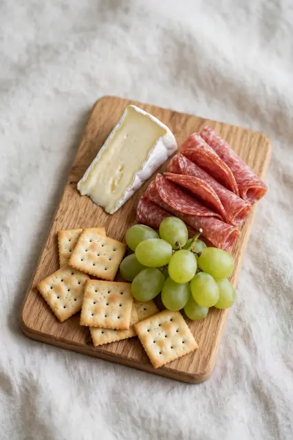 Small oak charcuterie board with brie, folded salami, green grapes and crisp crackers on textured linen