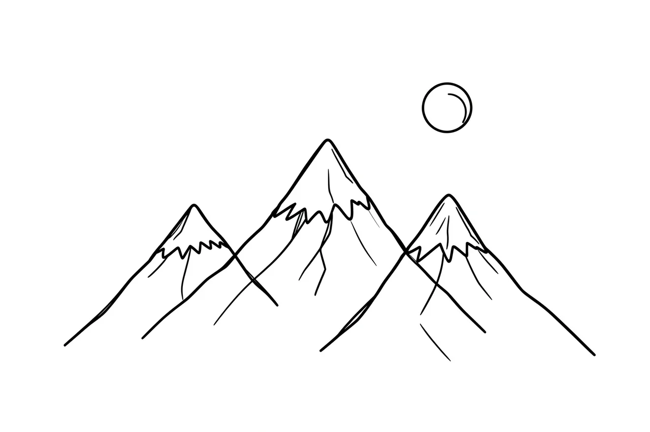 Minimal black line art of three snow-capped mountain peaks with a round sun on white background