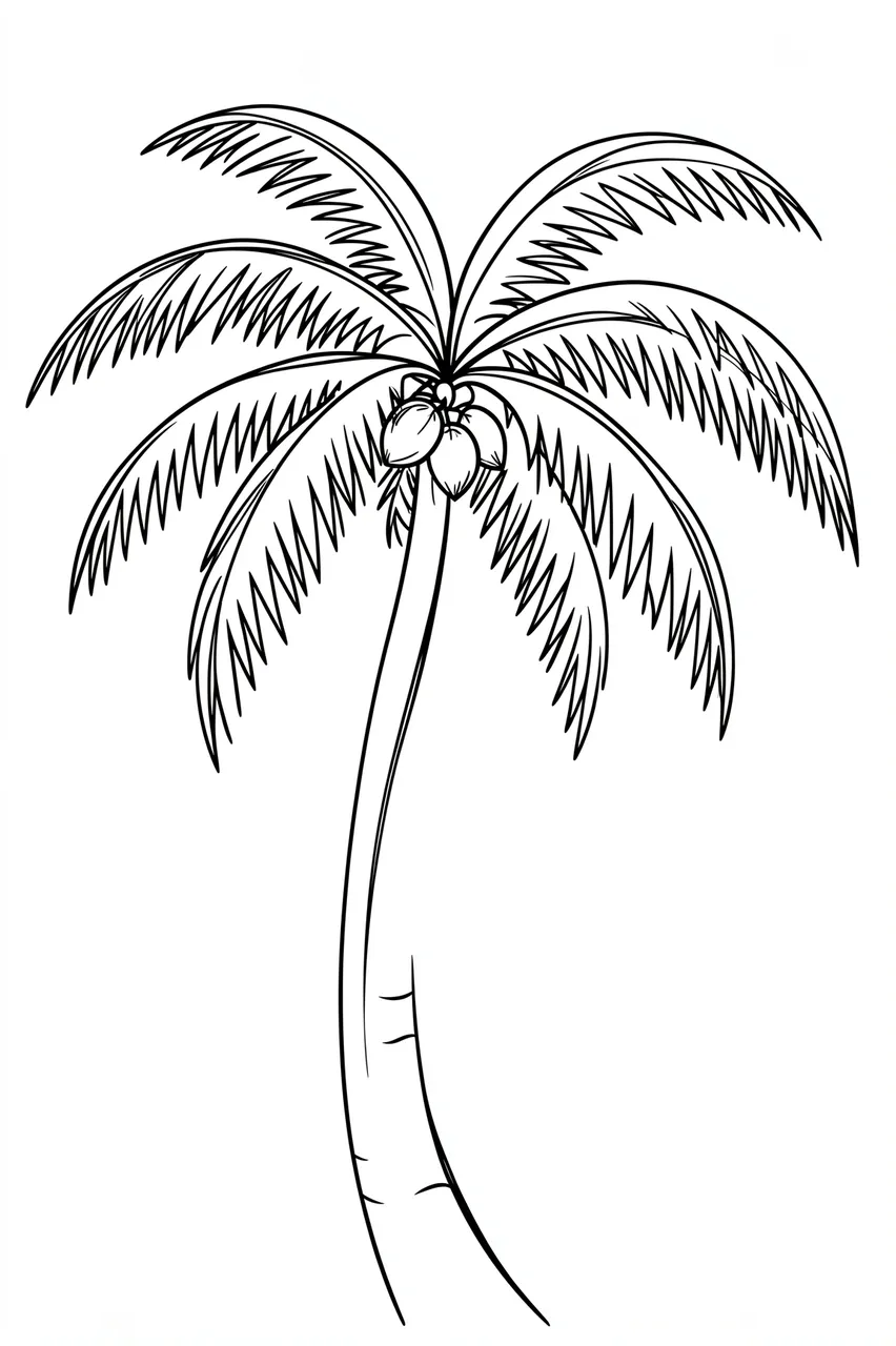 Black line art of a curved coconut palm tree with drooping fronds on a plain white background