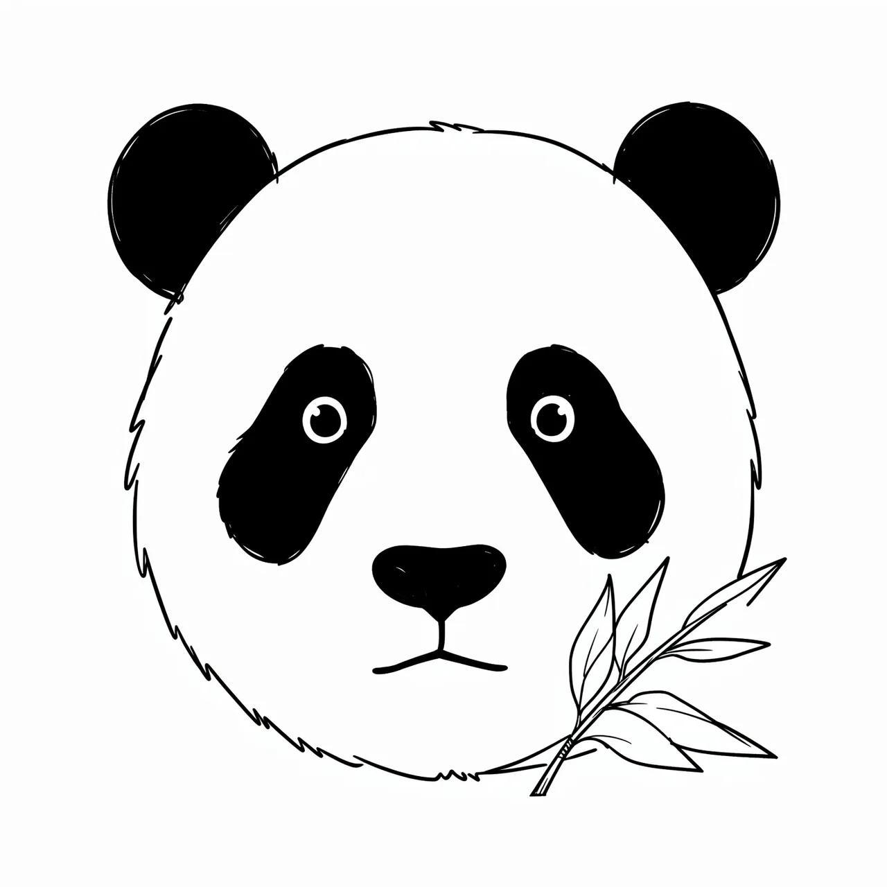 Minimal black line drawing of a panda face with a bamboo sprig on a plain white background