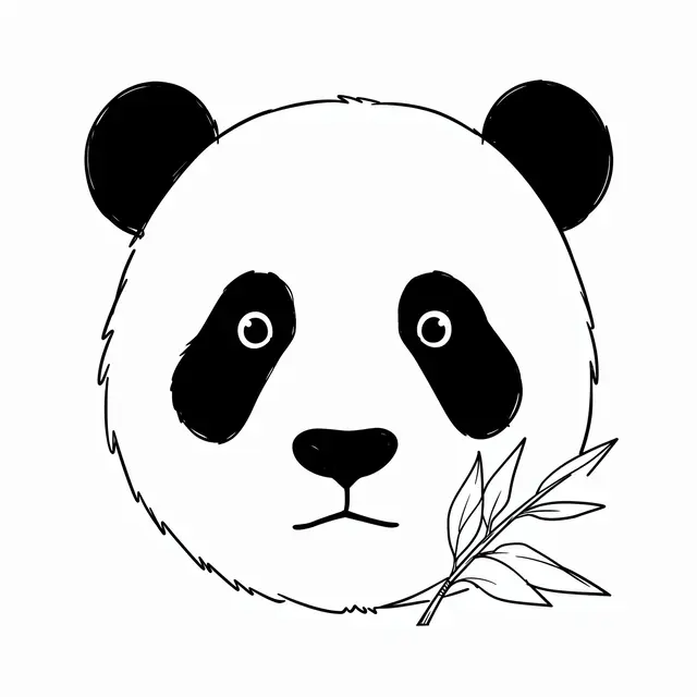 Minimal black line drawing of a panda face with a bamboo sprig on a plain white background