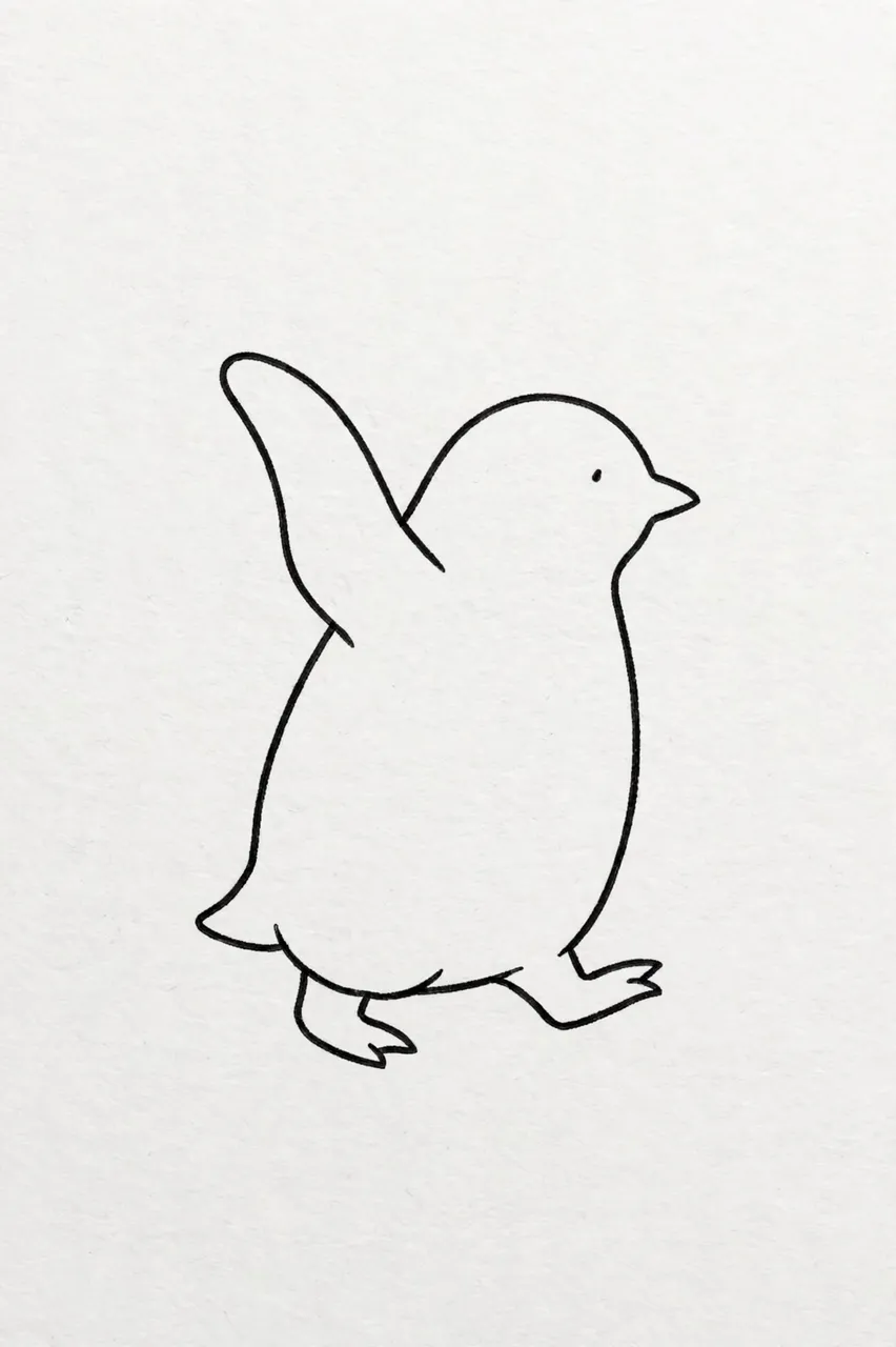 Minimal black line drawing of a side-view waddling penguin with one raised flipper on light textured paper