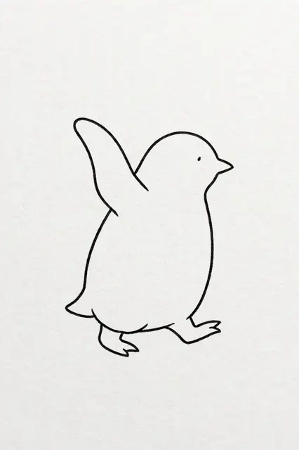 Minimal black line drawing of a side-view waddling penguin with one raised flipper on light textured paper