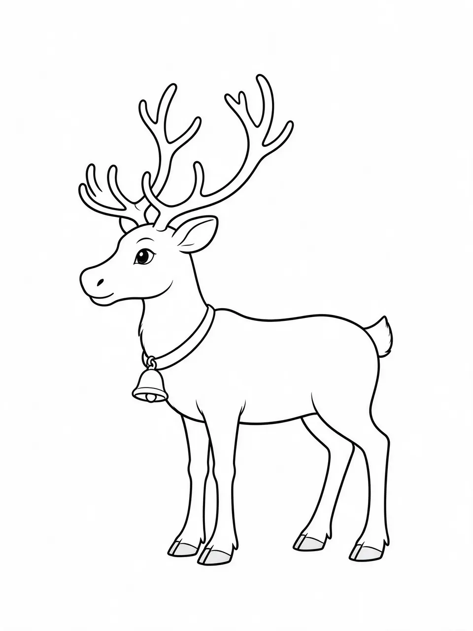 Clean black side-view line art of a reindeer with tall antlers and a collar bell on a white background