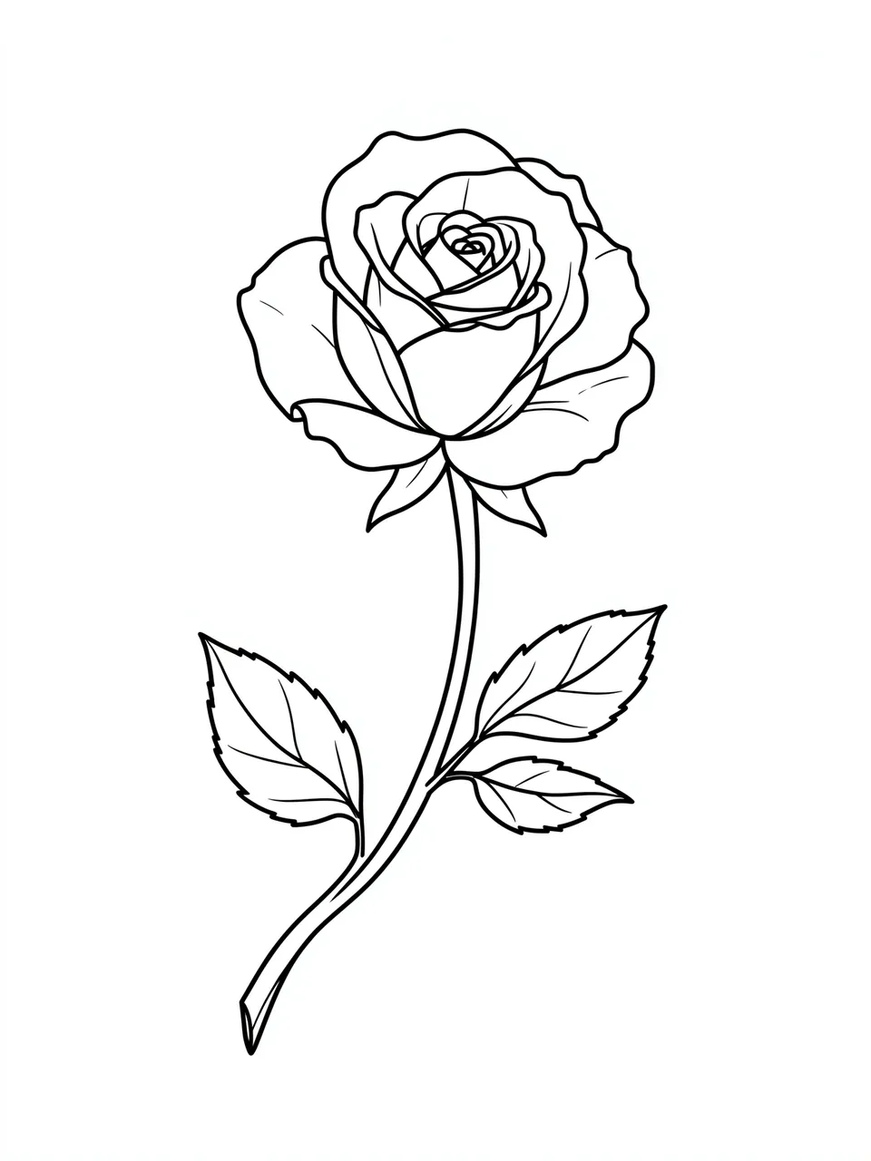 Clean black line drawing of a full bloom rose on a curved leafy stem against a plain white background