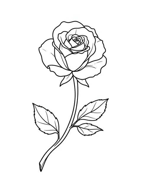 Clean black line drawing of a full bloom rose on a curved leafy stem against a plain white background